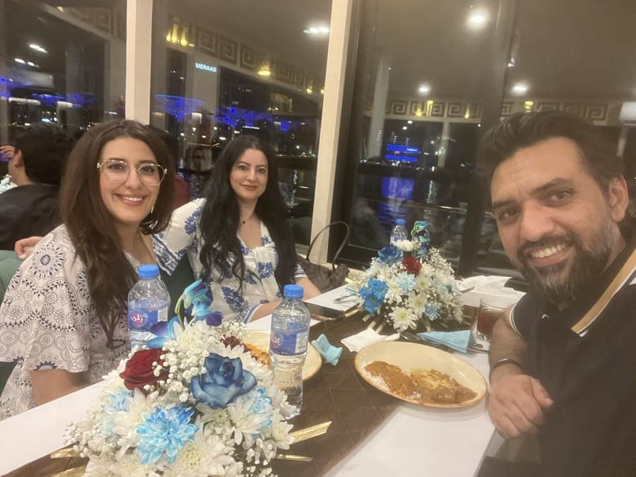 family dinner, flowers everywhere