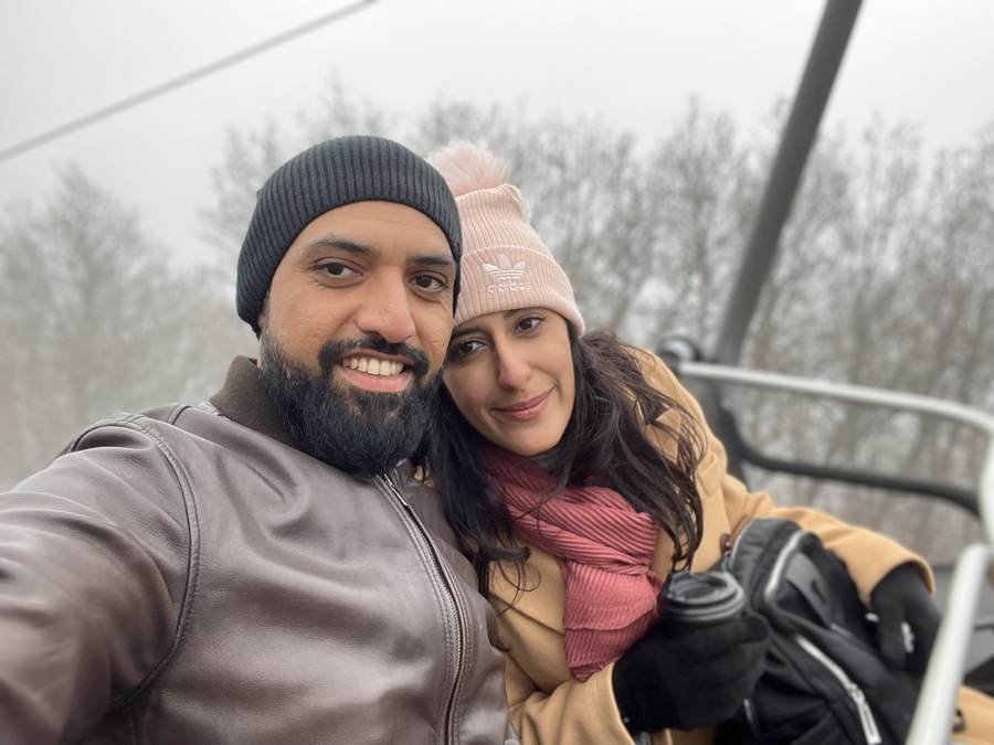 matching beanies on the chairlift
