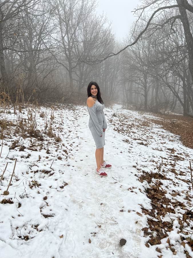 snow path, red sneakers